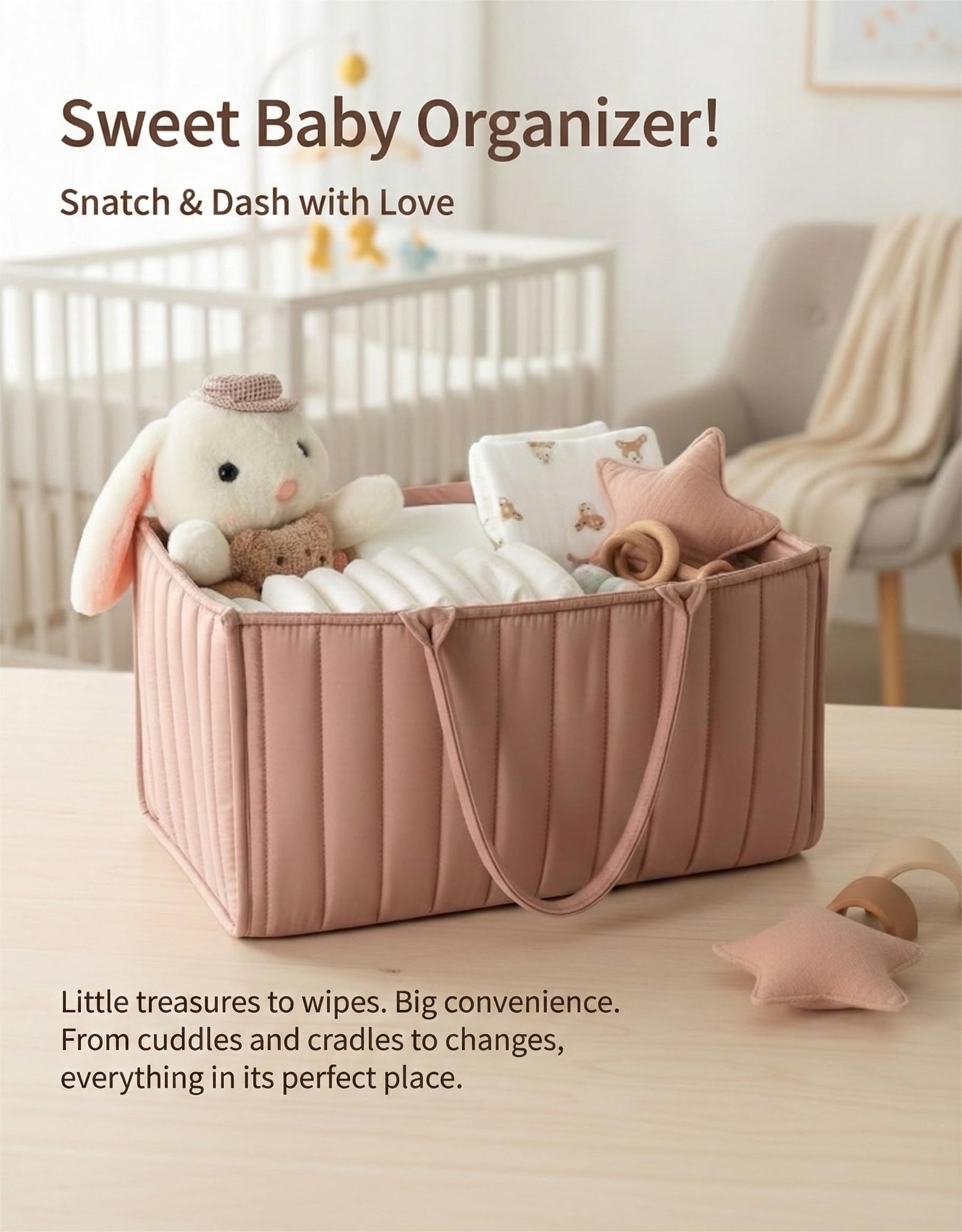 Large Baby Diaper Caddy Organizer – Stylish Storage Basket for Nursery, Changing Table & Travel – Portable Urn for Diapers, Wipes, Toys & Essentials (Pink)