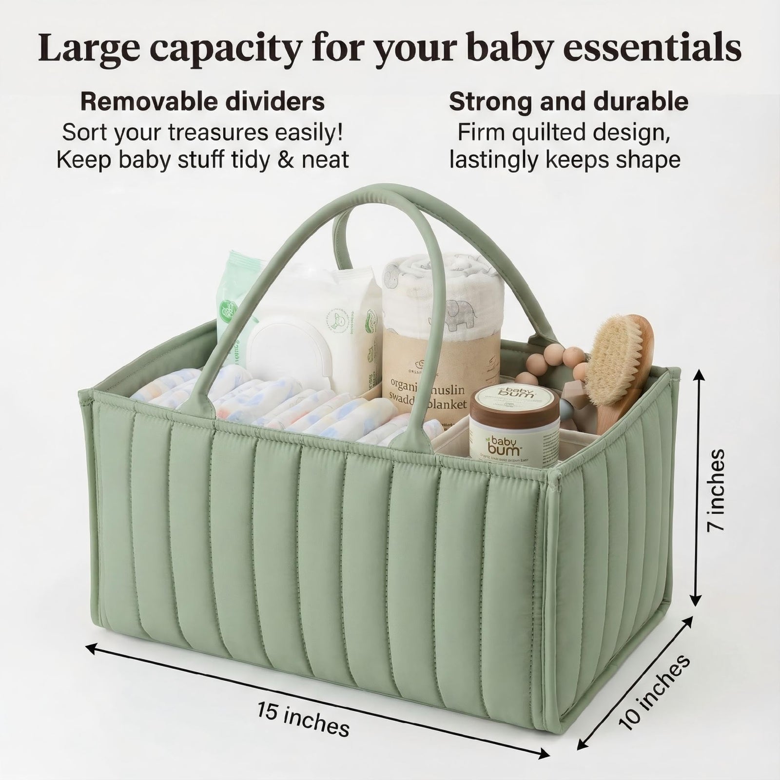 Large Baby Diaper Caddy Organizer – Stylish Storage Basket for Nursery, Changing Table & Travel – Portable Urn for Diapers, Wipes, Toys & Essentials (Green)