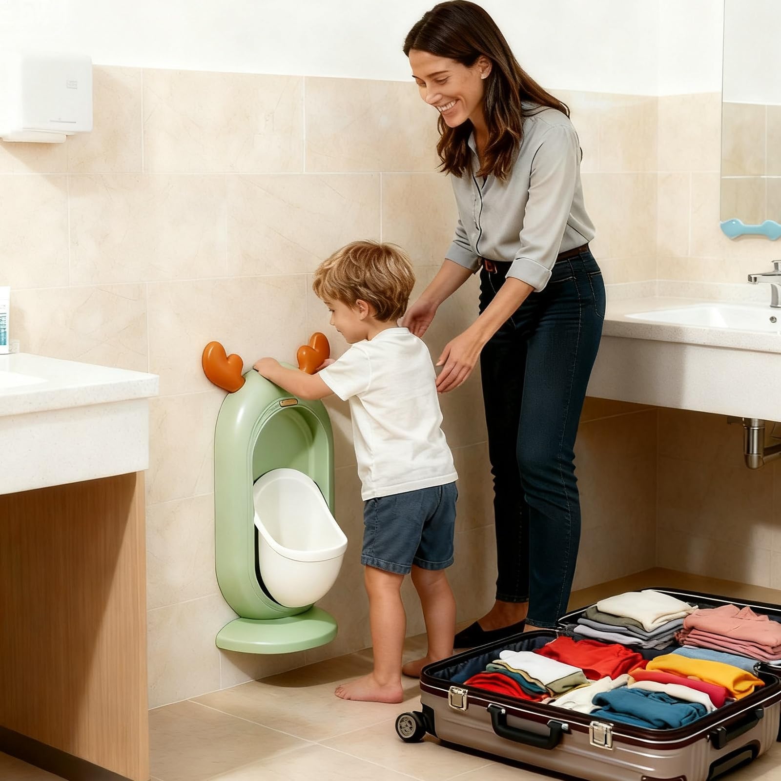 Wall-Mounted Kids Urinal for Boys – Adjustable Height Training Potty with Cute Cartoon Design, Anti-Splash, Easy to Clean, Portable Toilet for Home, Nursery, Travel (Green)