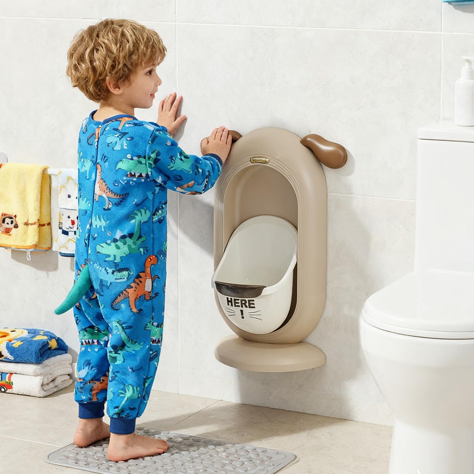 Wall-Mounted Kids Urinal for Boys – Adjustable Height Training Potty with Cute Cartoon Design, Anti-Splash, Easy to Clean, Portable Toilet for Home, Nursery, Travel (Beige)