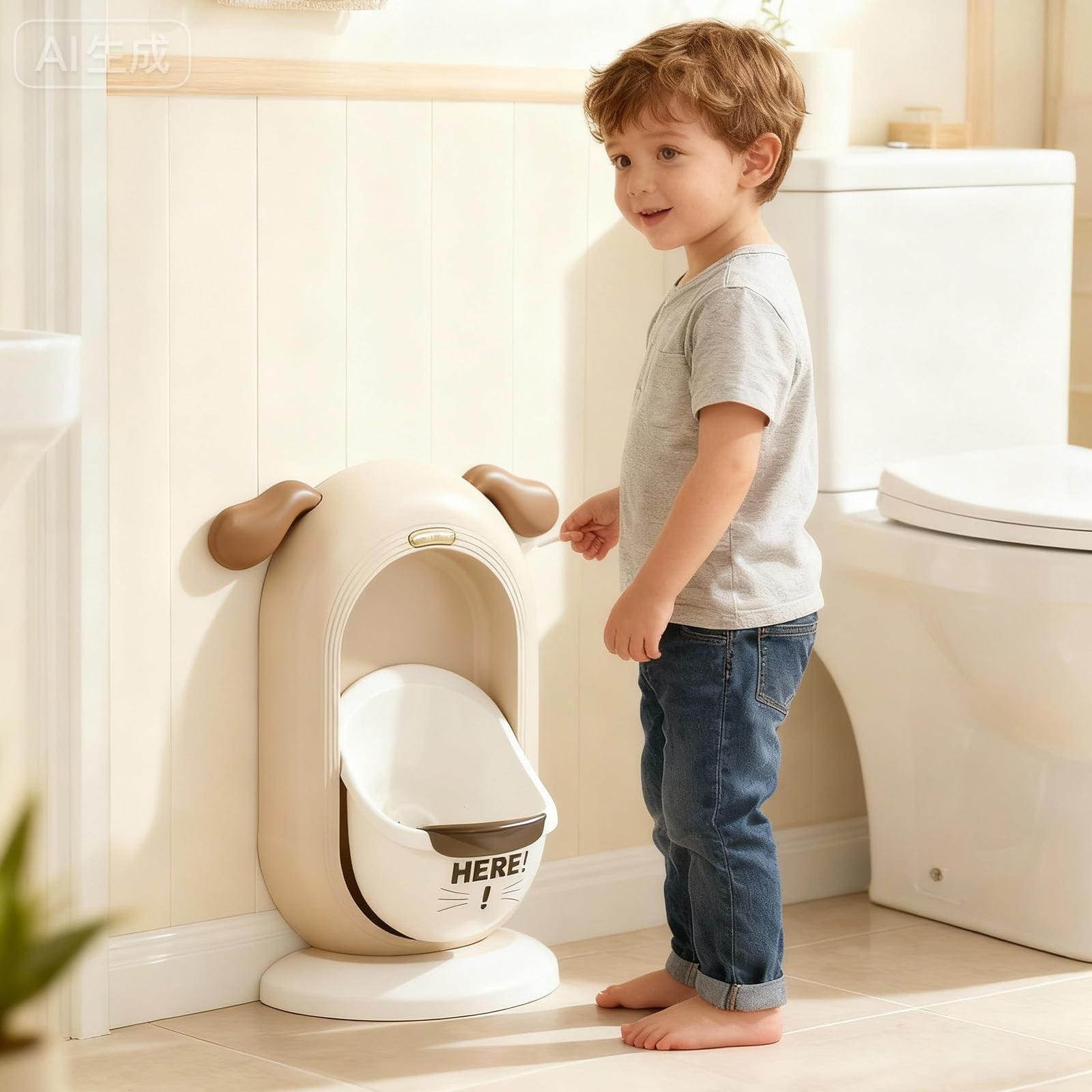 Wall-Mounted Kids Urinal for Boys – Adjustable Height Training Potty with Cute Cartoon Design, Anti-Splash, Easy to Clean, Portable Toilet for Home, Nursery, Travel (Beige)