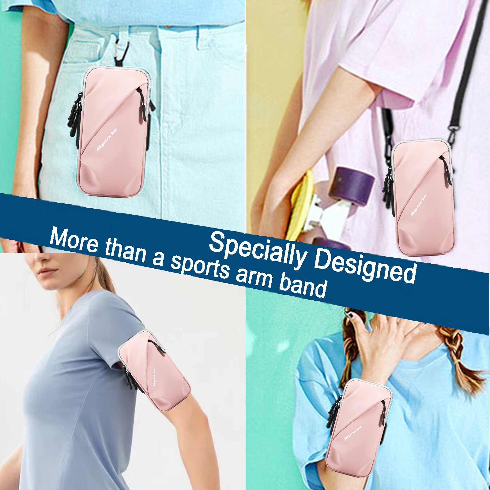 Universal Running Phone Arm Band – Waterproof, Dual Pocket, Adjustable Strap, Breathable Mesh, Fits Phones Up to 6.7 Inches, Crossbody & Waist Clip (Pink)