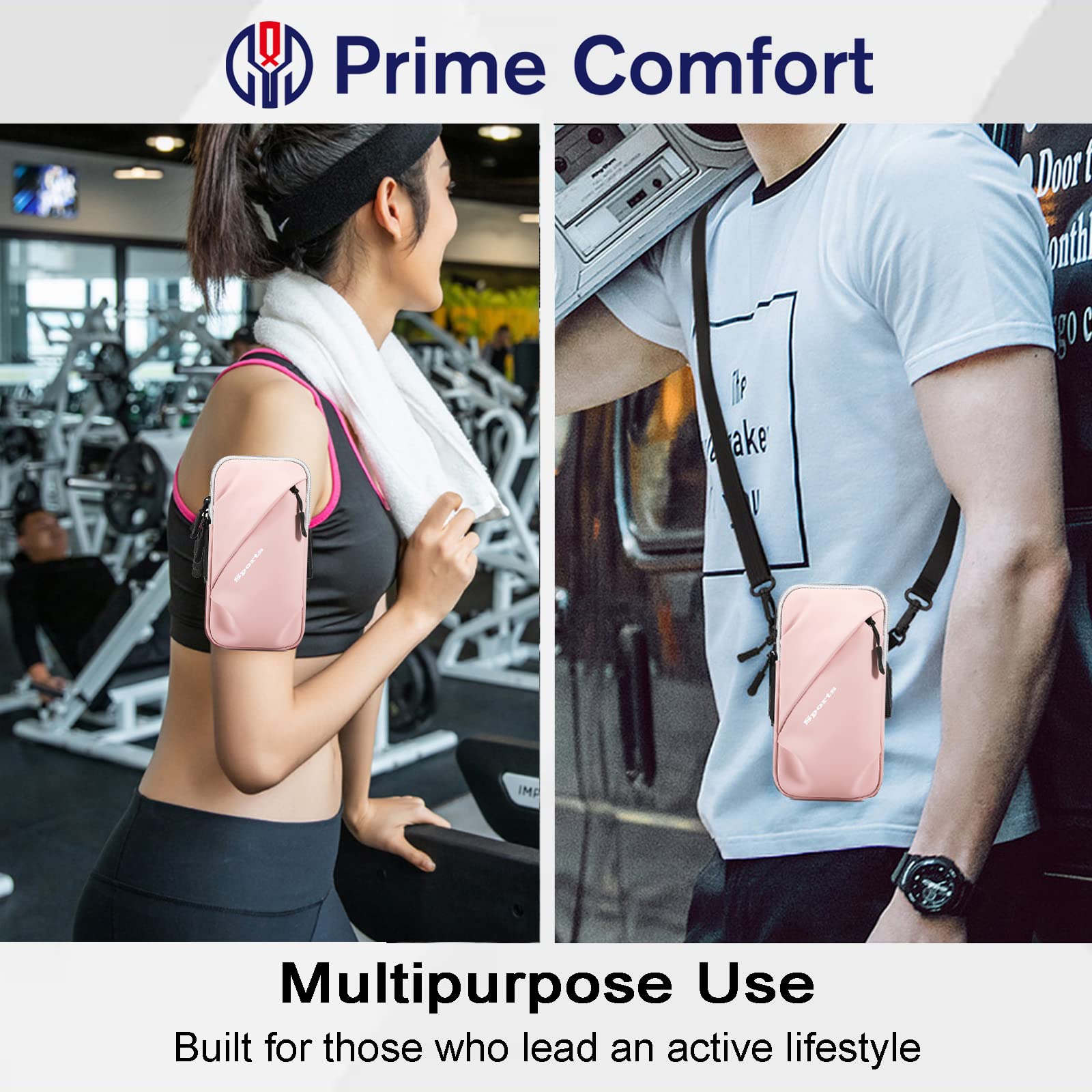 Universal Running Phone Arm Band – Waterproof, Dual Pocket, Adjustable Strap, Breathable Mesh, Fits Phones Up to 6.7 Inches, Crossbody & Waist Clip (Pink)
