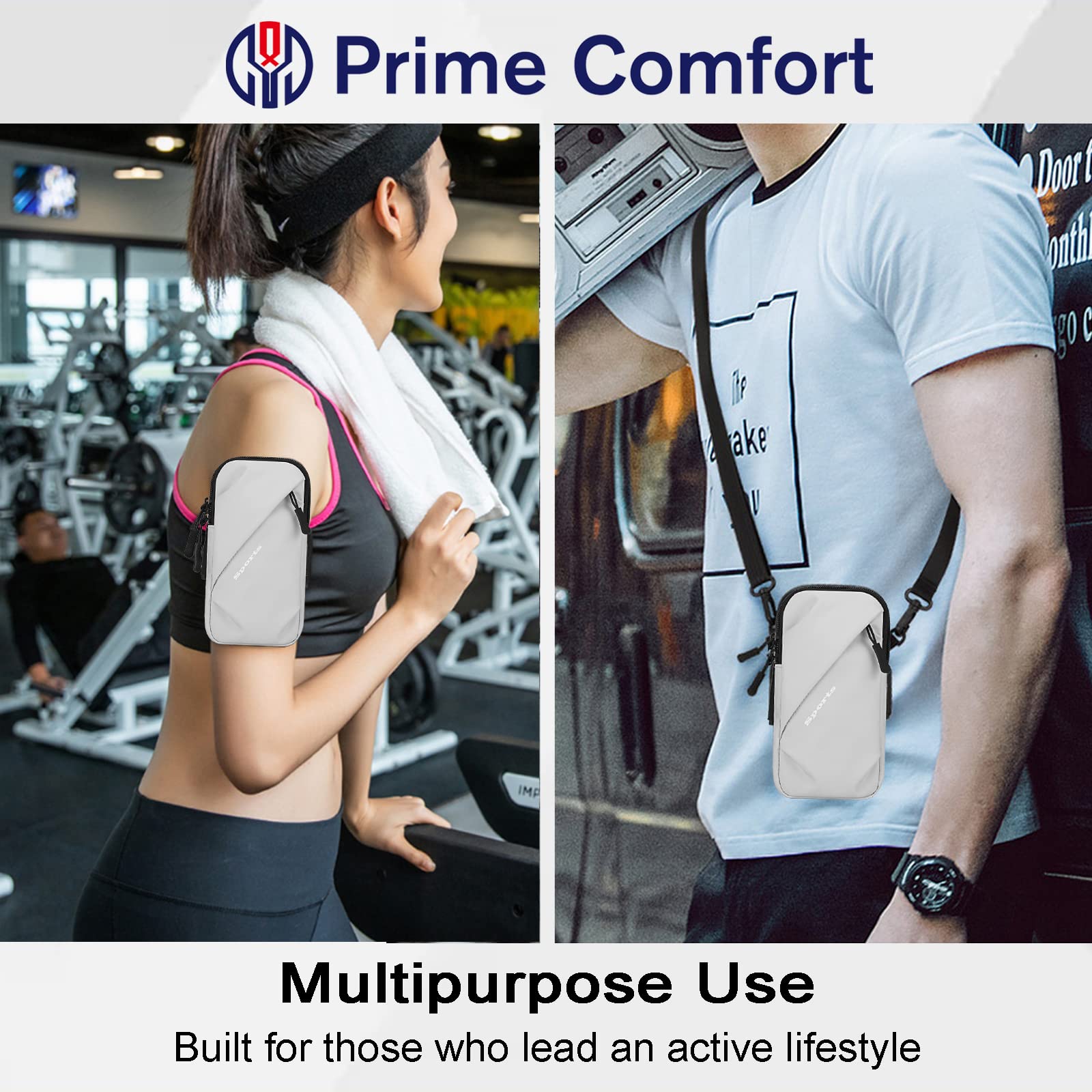 Universal Running Phone Arm Band – Waterproof, Dual Pocket, Adjustable Strap, Breathable Mesh, Fits Phones Up to 6.7 Inches, Crossbody & Waist Clip (Grey)