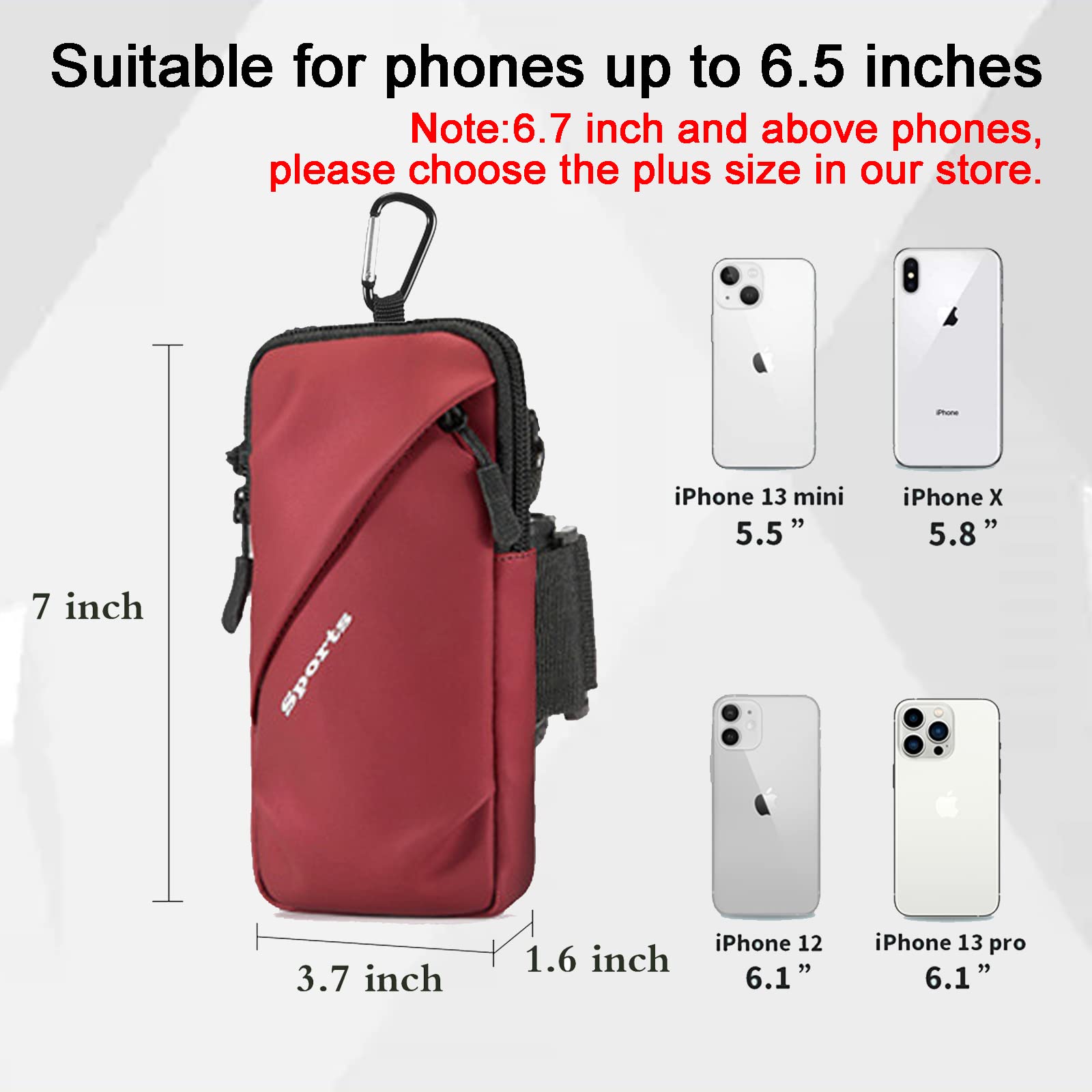 Universal Running Phone Arm Band – Waterproof, Dual Pocket, Adjustable Strap, Breathable Mesh, Fits Phones Up to 6.7 Inches, Crossbody & Waist Clip (Red)