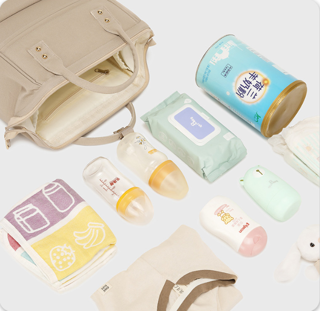 Stylish Mom Backpack with Insulated Bottle Pocket – Multi-Compartment Diaper Bag, Anti-Theft Phone Pocket, Large Capacity Baby Organizer, Travel Backpack for Moms (Apricot)