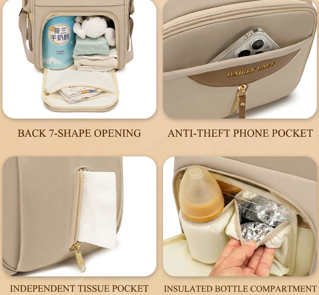 Stylish Mom Backpack with Insulated Bottle Pocket – Multi-Compartment Diaper Bag, Anti-Theft Phone Pocket, Large Capacity Baby Organizer, Travel Backpack for Moms (Apricot)