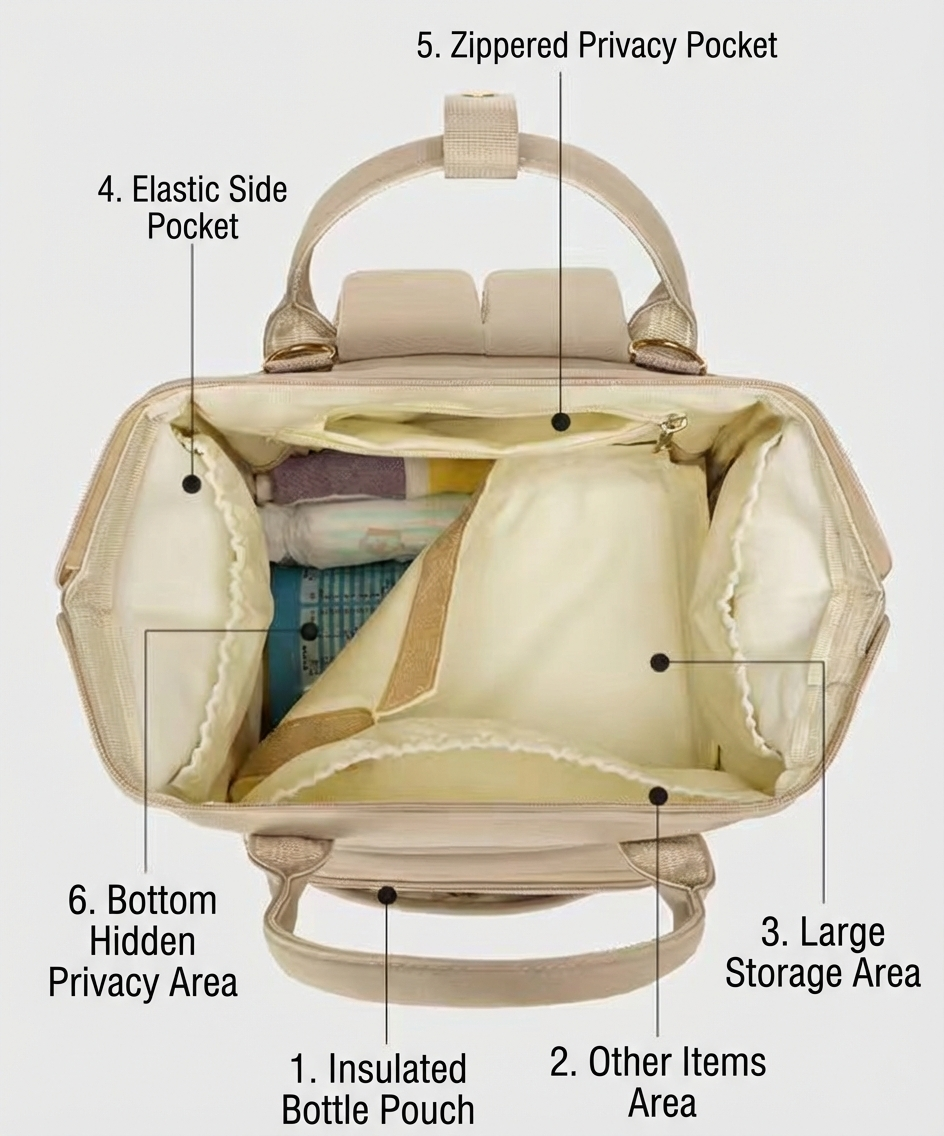 Stylish Mom Backpack with Insulated Bottle Pocket – Multi-Compartment Diaper Bag, Anti-Theft Phone Pocket, Large Capacity Baby Organizer, Travel Backpack for Moms (Apricot)
