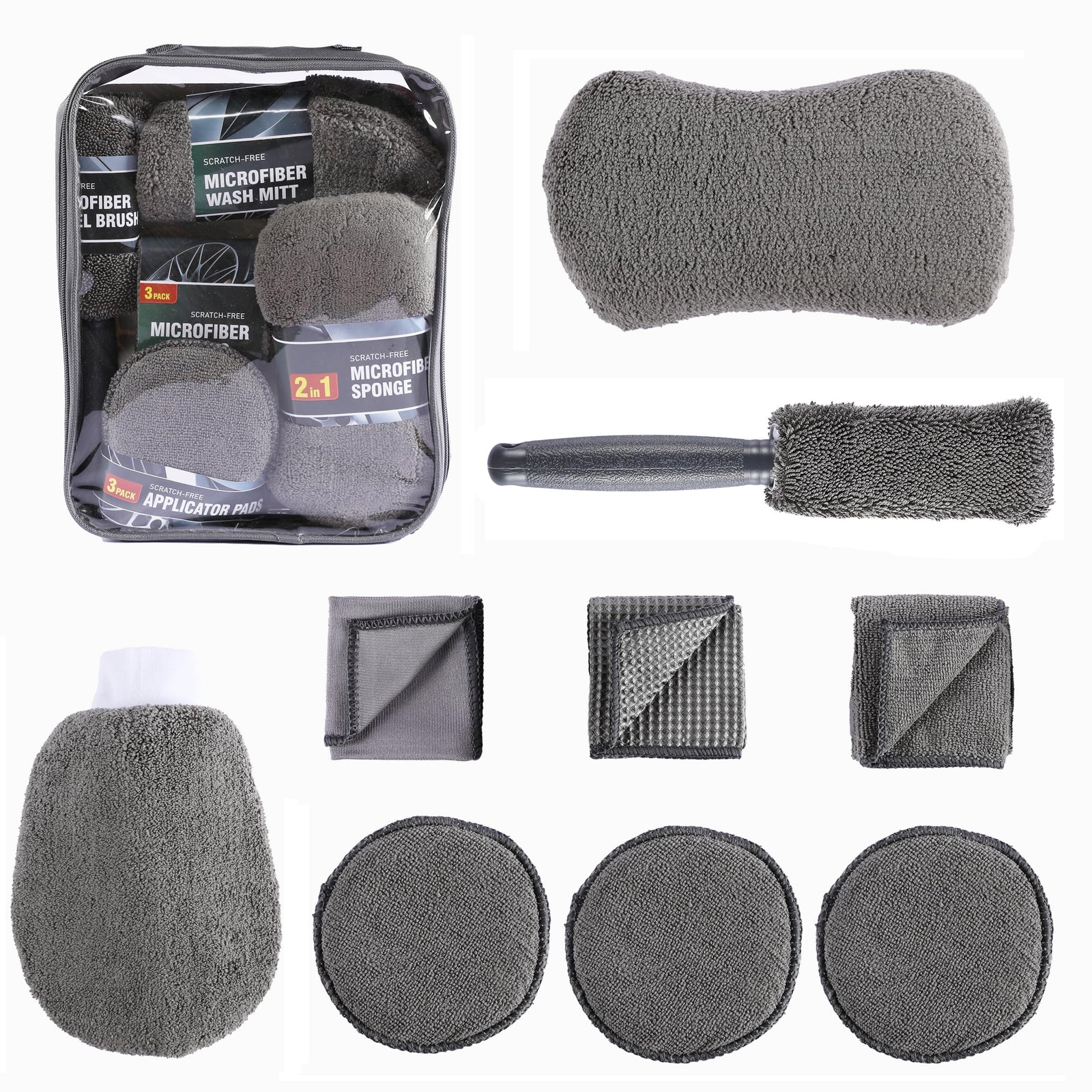 Multi-Use Car Cleaning Kit – 9-Piece Auto Detailing Set with Wash Mitt, Wheel Brush, Microfiber Cloths, Sponge, Applicator Pads, Storage Bag (Gray)