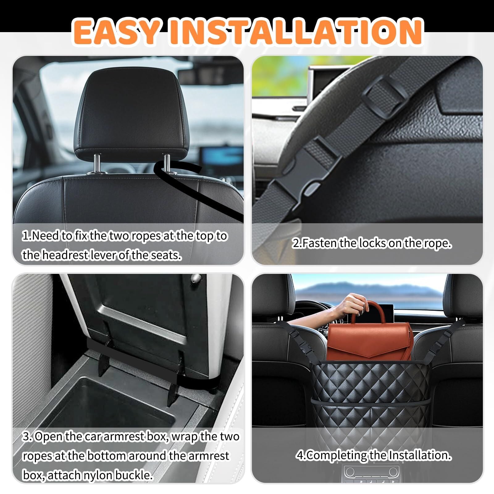 Car Seat Storage Bag: PU Leather Organizer with Hooks – Pet Barrier, Safe Driving Storage for Wallets/Phones (Black)