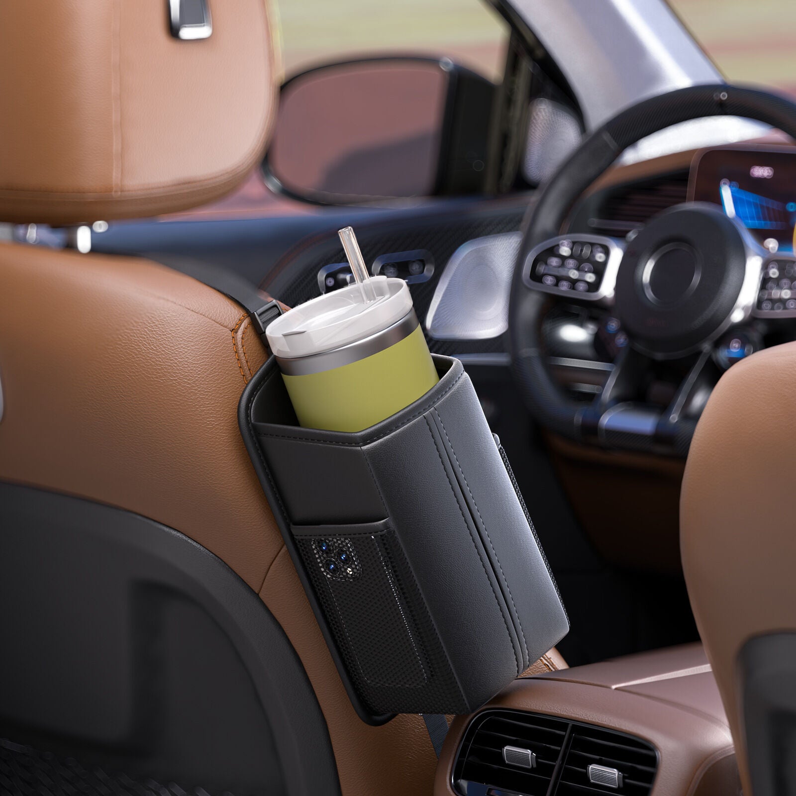 Car Seat Storage Organizer: Side-Mount Tissue Holder with Mesh Pockets – Waterproof Cup/Wallet Organizer for Cars/SUVs (Black)