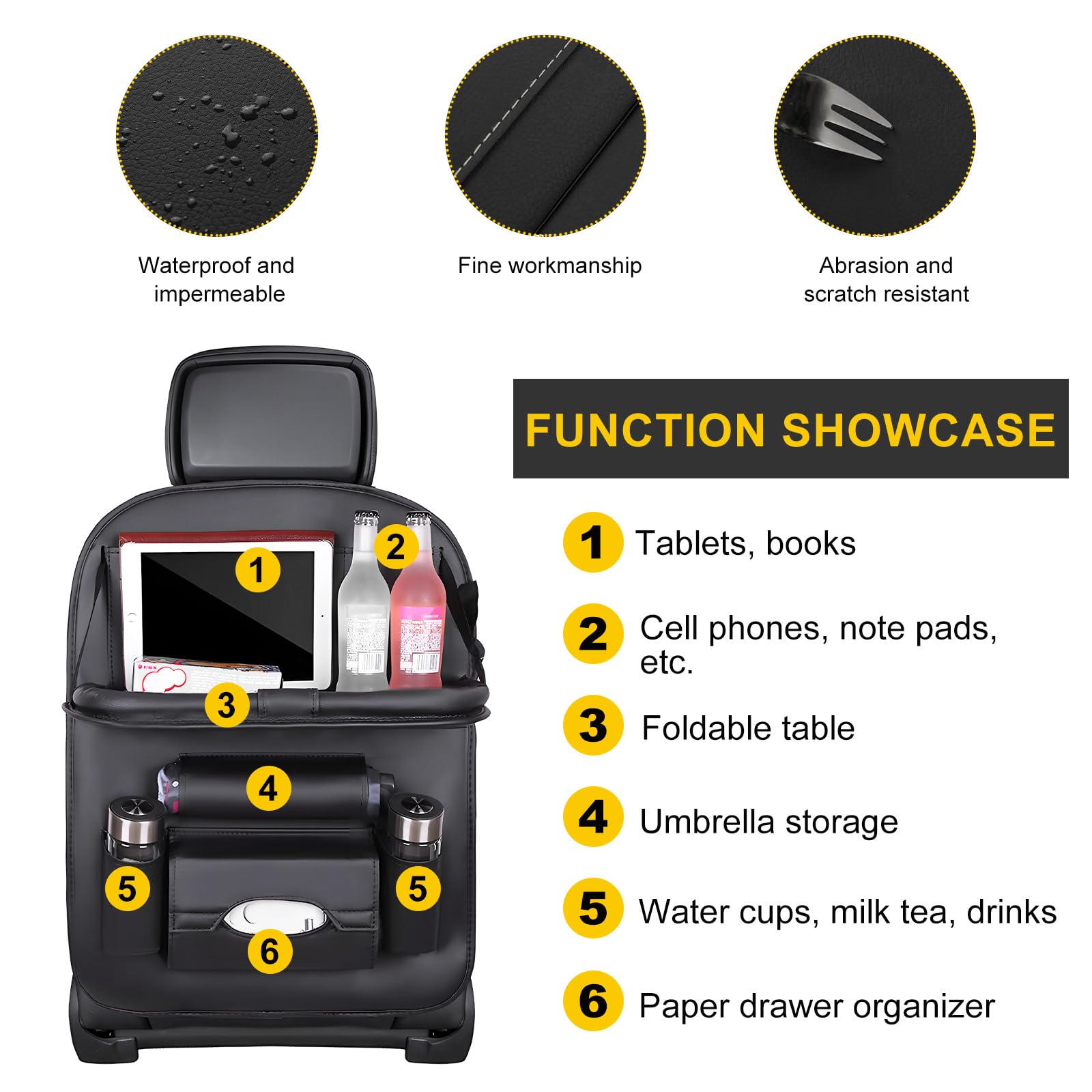 Car Back Seat Organizer with Foldable Table Tray – Universal Rear Seat Storage Bag, Multi-Pocket Holder for Tablet, Drinks & Essentials (Black)