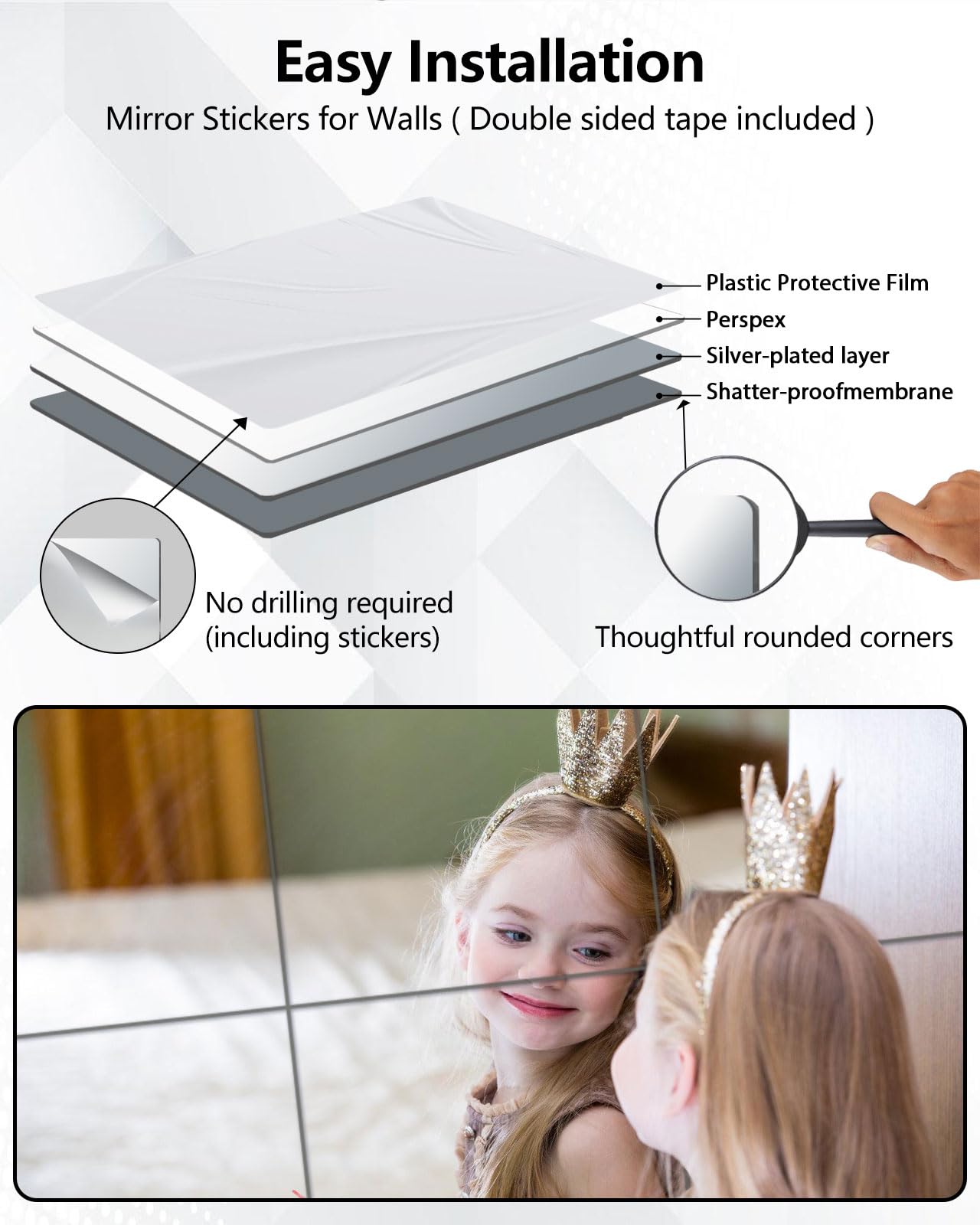 Shatterproof Acrylic Mirror Tiles – 4-Pack Wall Stickers for Kids, Home Gym, Bedroom & Bathroom, Easy Peel-and-Stick Decorative Mirrors with Double-Sided Tape (Silver,16" x 16")