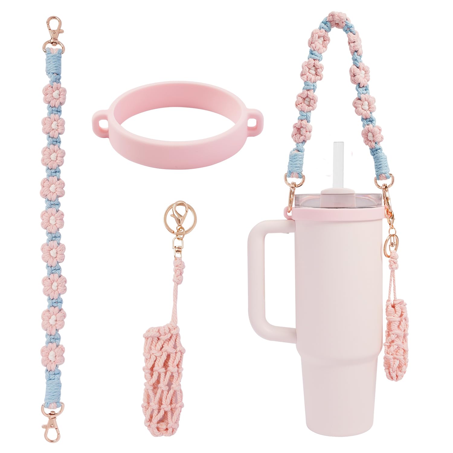 Hand-Woven Flower Water Bottle Strap with Silicone Ring 41cm/16.14 inch – Universal Cup Holder for 14oz, 30oz, and 40oz Stanley Tumblers, Adjustable Shoulder Strap with Rose Gold Clips and Net Pouch (Pink)