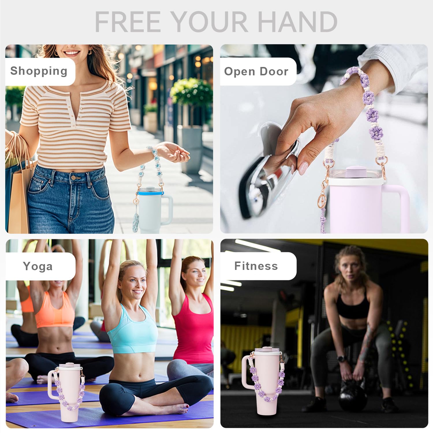 Hand-Woven Flower Water Bottle Strap with Silicone Ring 41cm/16.14 inch – Universal Cup Holder for 14oz, 30oz, and 40oz Stanley Tumblers, Adjustable Shoulder Strap with Rose Gold Clips and Net Pouch (Pink)