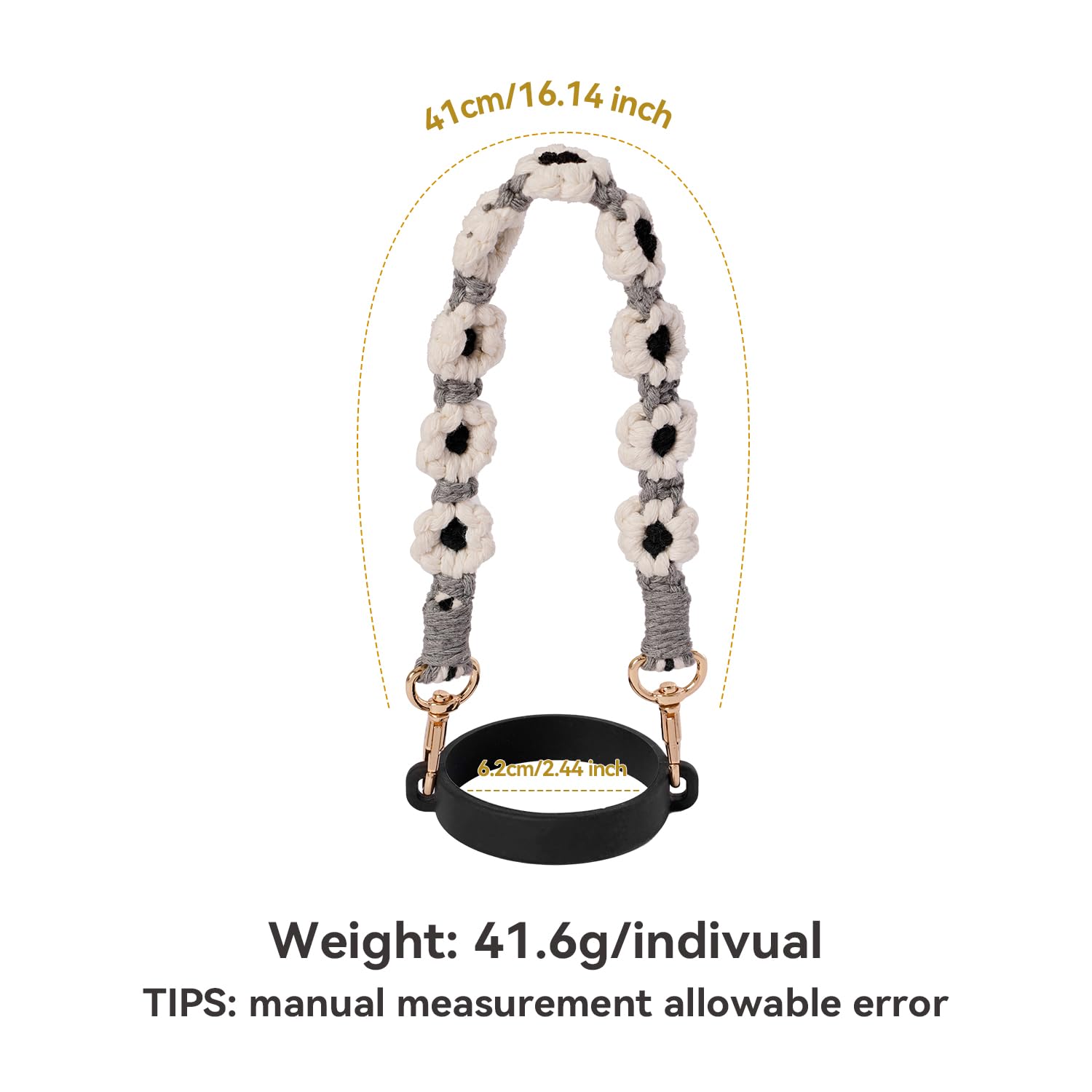Hand-Woven Flower Water Bottle Strap with Silicone Ring 41cm/16.14 inch – Universal Cup Holder for 14oz, 30oz, and 40oz Stanley Tumblers, Adjustable Shoulder Strap with Rose Gold Clips and Net Pouch (Black)