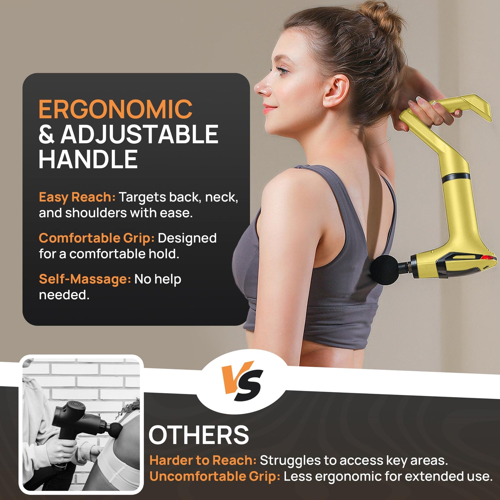 Yellow 3-in-1 Massage Gun with Extendable Handle & Back Strap – 12-Speed Deep Tissue Muscle Massager, 4 Attachments, USB-C Charging, for Athletes, Gym Recovery & Seniors | Black available in store