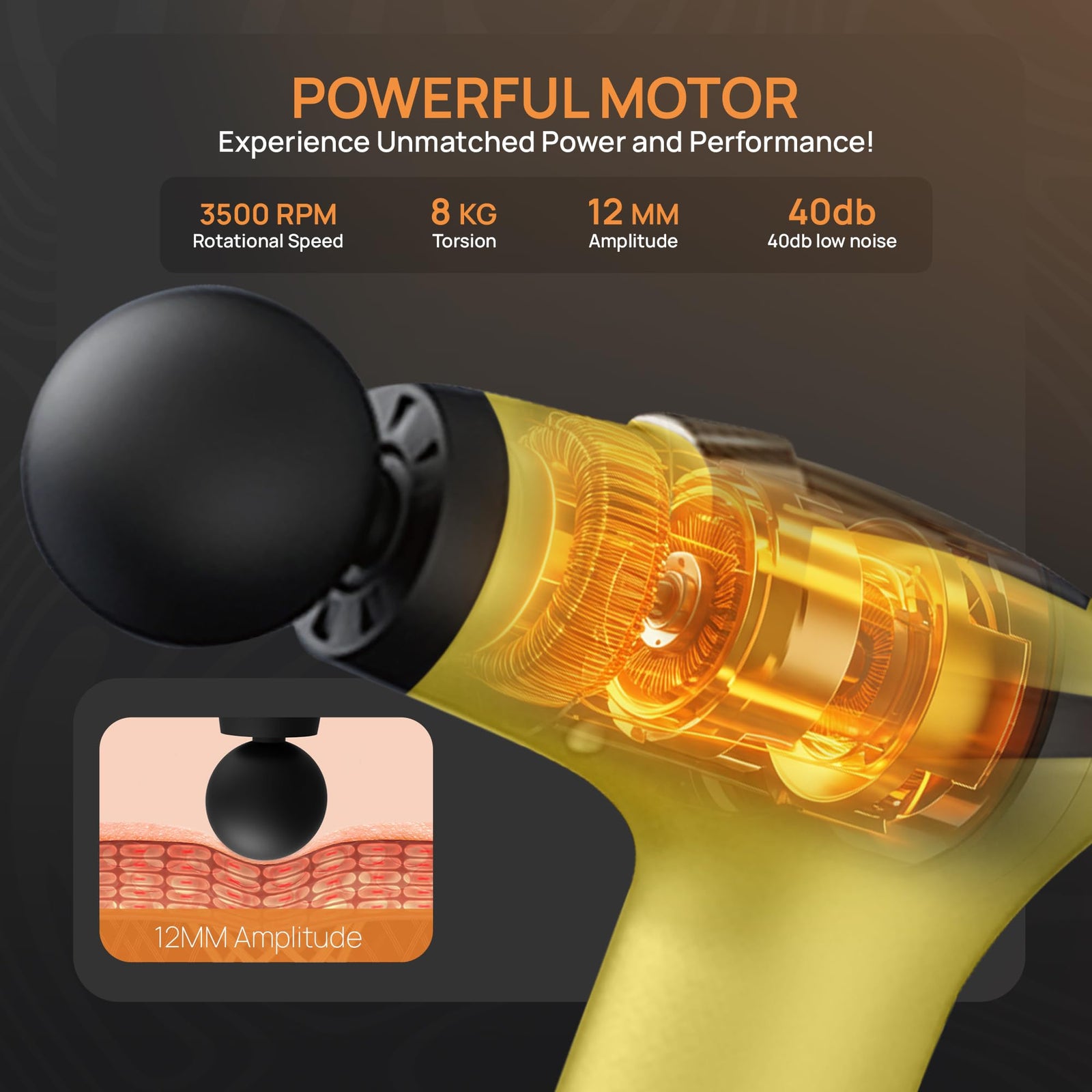 Yellow 3-in-1 Massage Gun with Extendable Handle & Back Strap – 12-Speed Deep Tissue Muscle Massager, 4 Attachments, USB-C Charging, for Athletes, Gym Recovery & Seniors | Black available in store