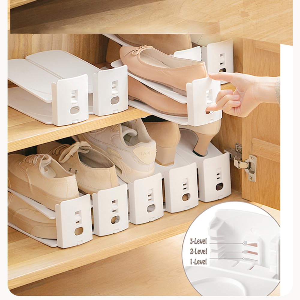 Adjustable Shoe Rack Organizer, 10-Pack Stackable Shoe Shelf for Closet Storage – Space-Saving Double Layer Shoe Holder with 3-Level Height Adjustment (White)