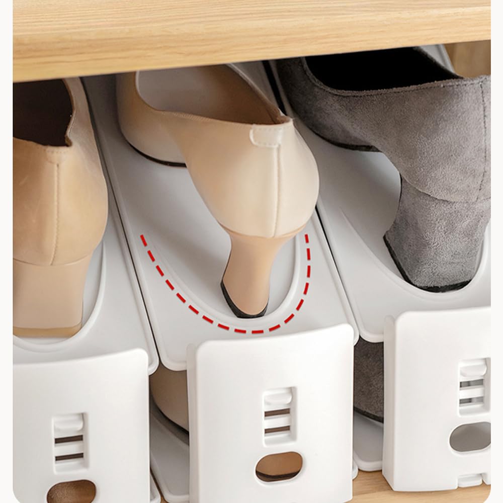Adjustable Shoe Rack Organizer, 10-Pack Stackable Shoe Shelf for Closet Storage – Space-Saving Double Layer Shoe Holder with 3-Level Height Adjustment (White)