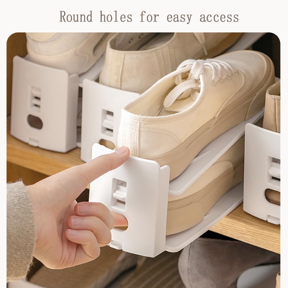 Adjustable Shoe Rack Organizer, 10-Pack Stackable Shoe Shelf for Closet Storage – Space-Saving Double Layer Shoe Holder with 3-Level Height Adjustment (White)