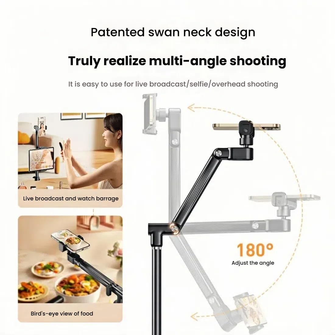 Floor Standing Phone Tripod with Swan Neck Arm – Includes Phone Clamp & Selfie Remote, Multi-Angle Stand for Live Streaming, Food Photography, Vlogging (Black)