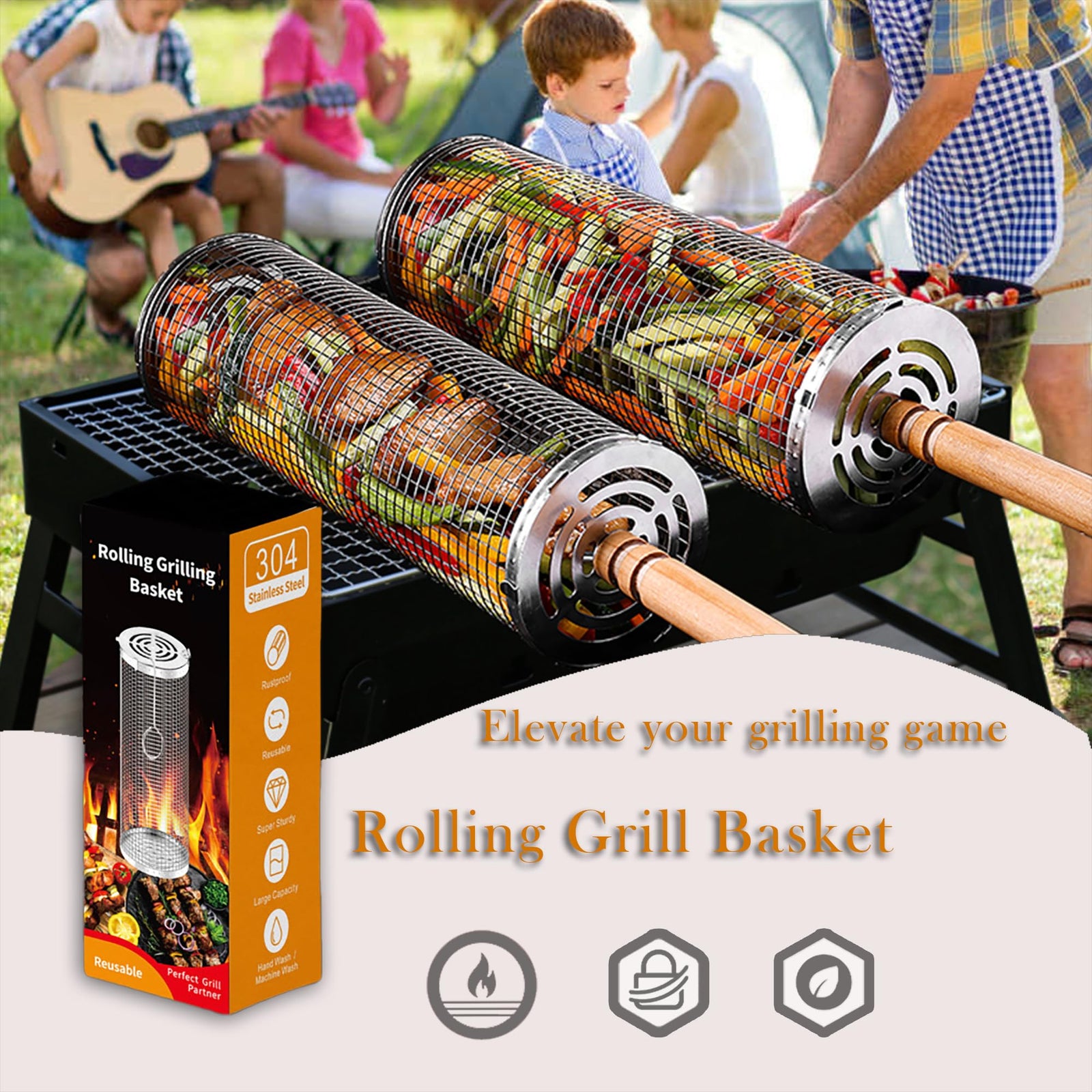 Rolling Grill Basket Set with Removable Wooden Handle – 304 Stainless Steel BBQ Rotating Cage for Meat, Vegetables & Seafood (Grey)