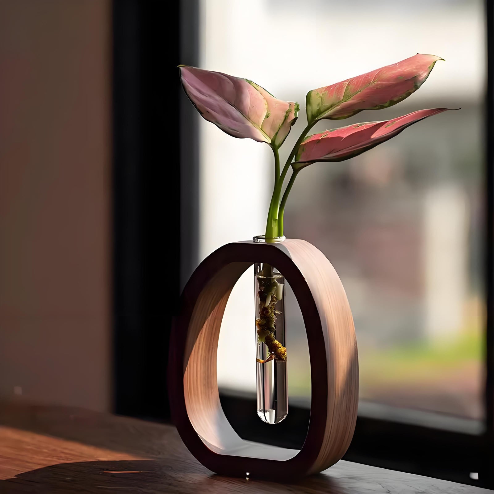 Wooden Glass Hydroponic Vase – Minimalist Desktop Flower Vase for Water Plants & Blooms (15cm) | Other Sizes Available in Store