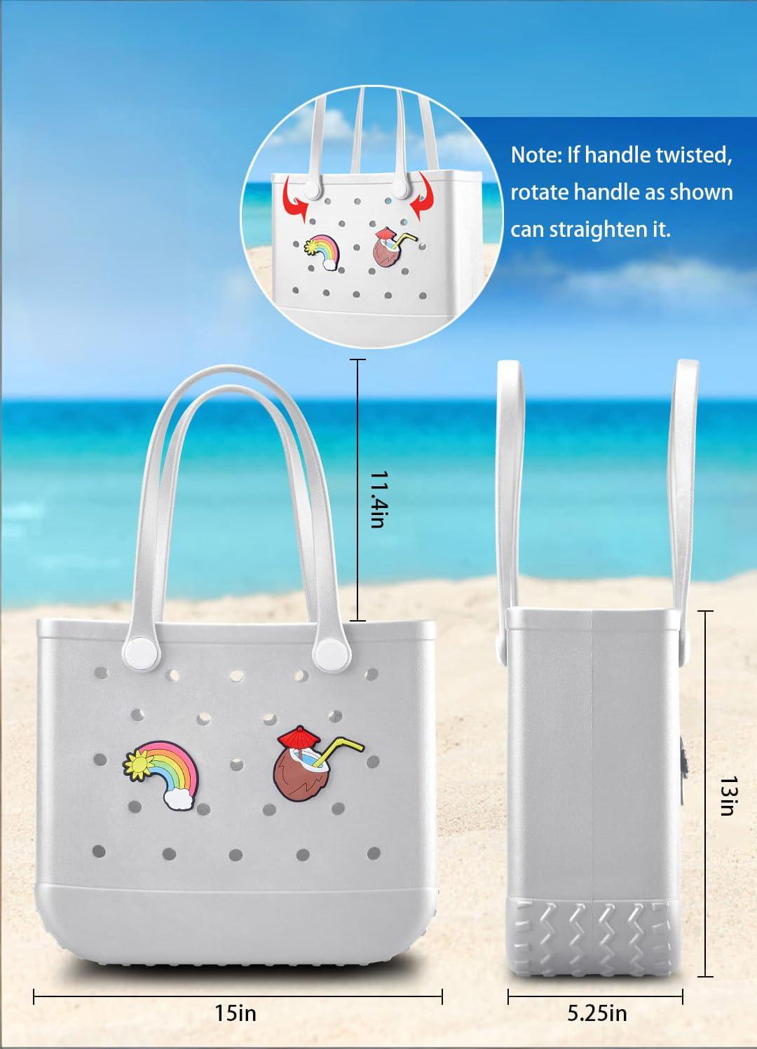 EVA Beach Tote Bag for Swimming, Pool & Travel – Waterproof Washable Rubber Handbag with 2 Random Charms, Lightweight & Sand-Resistant (White) | Other Colors Available in Store