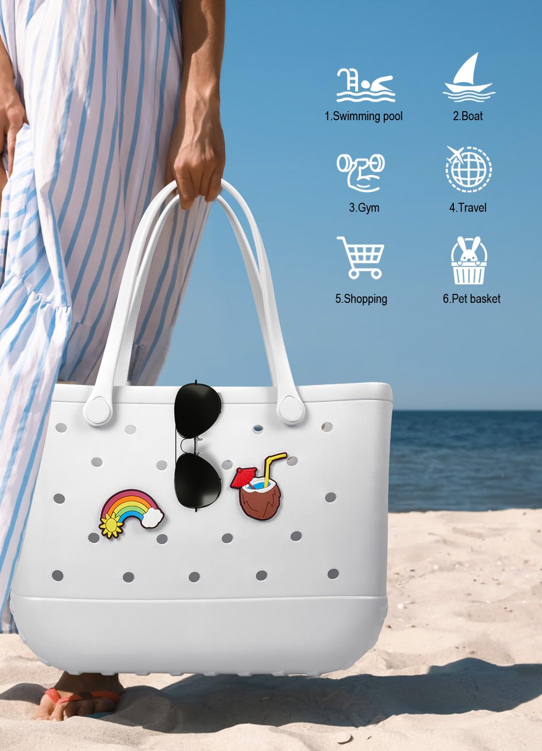 EVA Beach Tote Bag for Swimming, Pool & Travel – Waterproof Washable Rubber Handbag with 2 Random Charms, Lightweight & Sand-Resistant (White) | Other Colors Available in Store