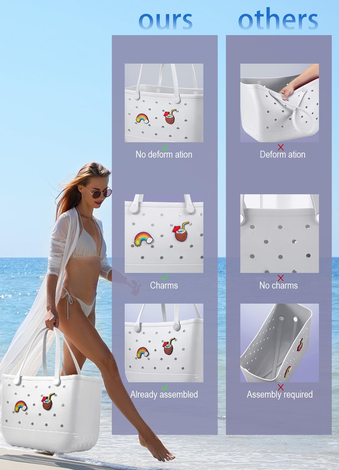 EVA Beach Tote Bag for Swimming, Pool & Travel – Waterproof Washable Rubber Handbag with 2 Random Charms, Lightweight & Sand-Resistant (White) | Other Colors Available in Store