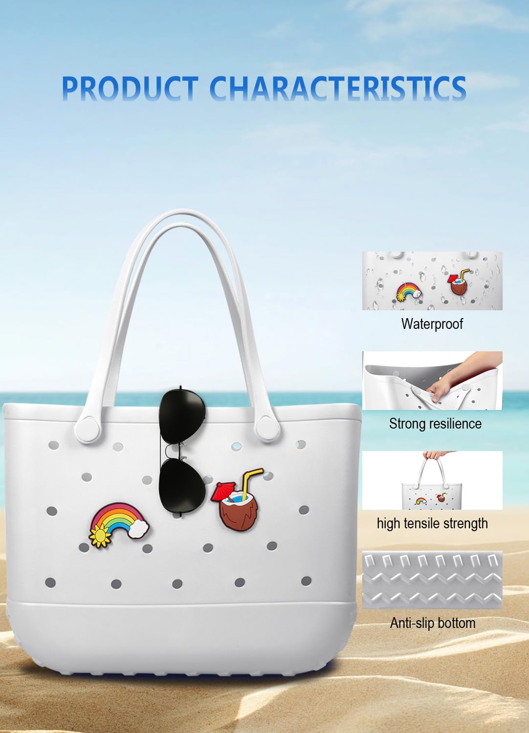 EVA Beach Tote Bag for Swimming, Pool & Travel – Waterproof Washable Rubber Handbag with 2 Random Charms, Lightweight & Sand-Resistant (White) | Other Colors Available in Store