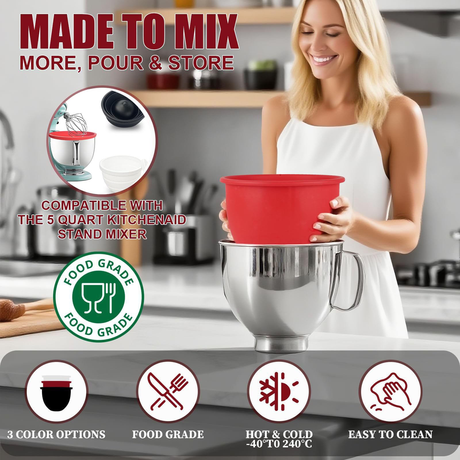 Silicone Bowl Liner for 4.5–5-Quart Stand Mixer – Food-Grade, Collapsible, Non-Stick Replacement Inner Bowl with Lid, Dishwasher Safe, Oven & Fridge Ready (3Pcs)