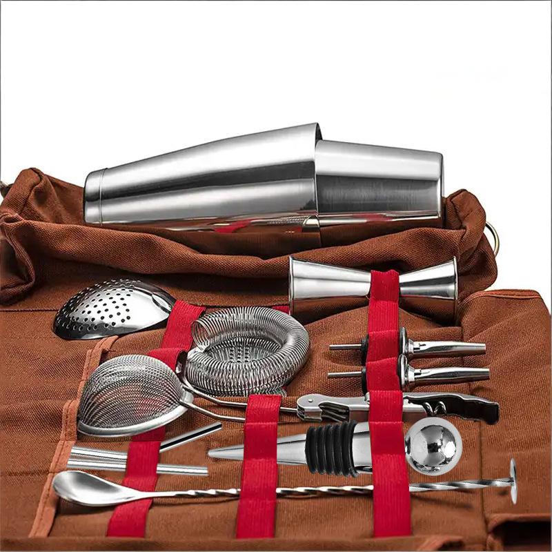Professional 17-Piece Stainless Steel Cocktail Shaker Set with Canvas Carry Case – Complete Bar Tools Kit for Home, Travel, Parties – Includes Jigger, Strainer, Muddler, Spoon, Bottle Stopper (Brown)