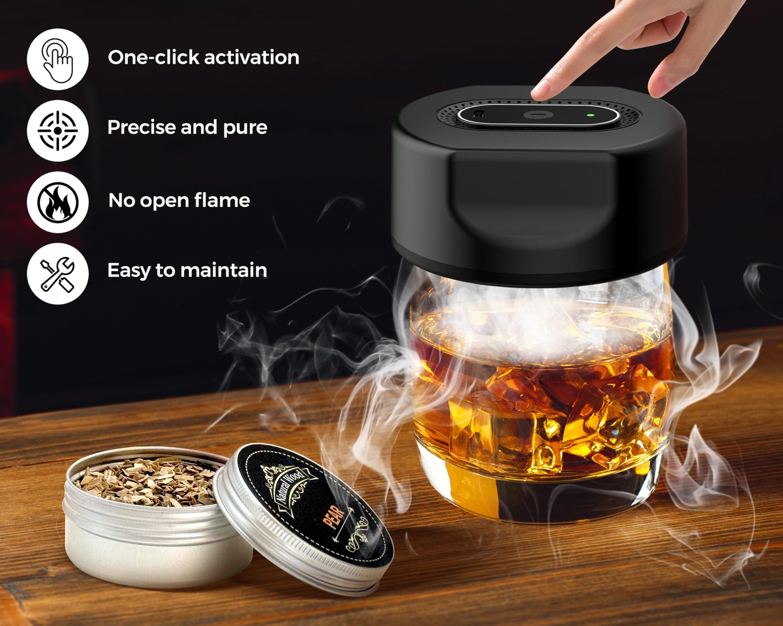 Black Smart Cocktail Smoker Kit – Electric Whiskey Smoke Generator with 6 Wood Chips, USB Rechargeable, One-Click Ignition | Perfect Gift for Men & Bar Enthusiasts