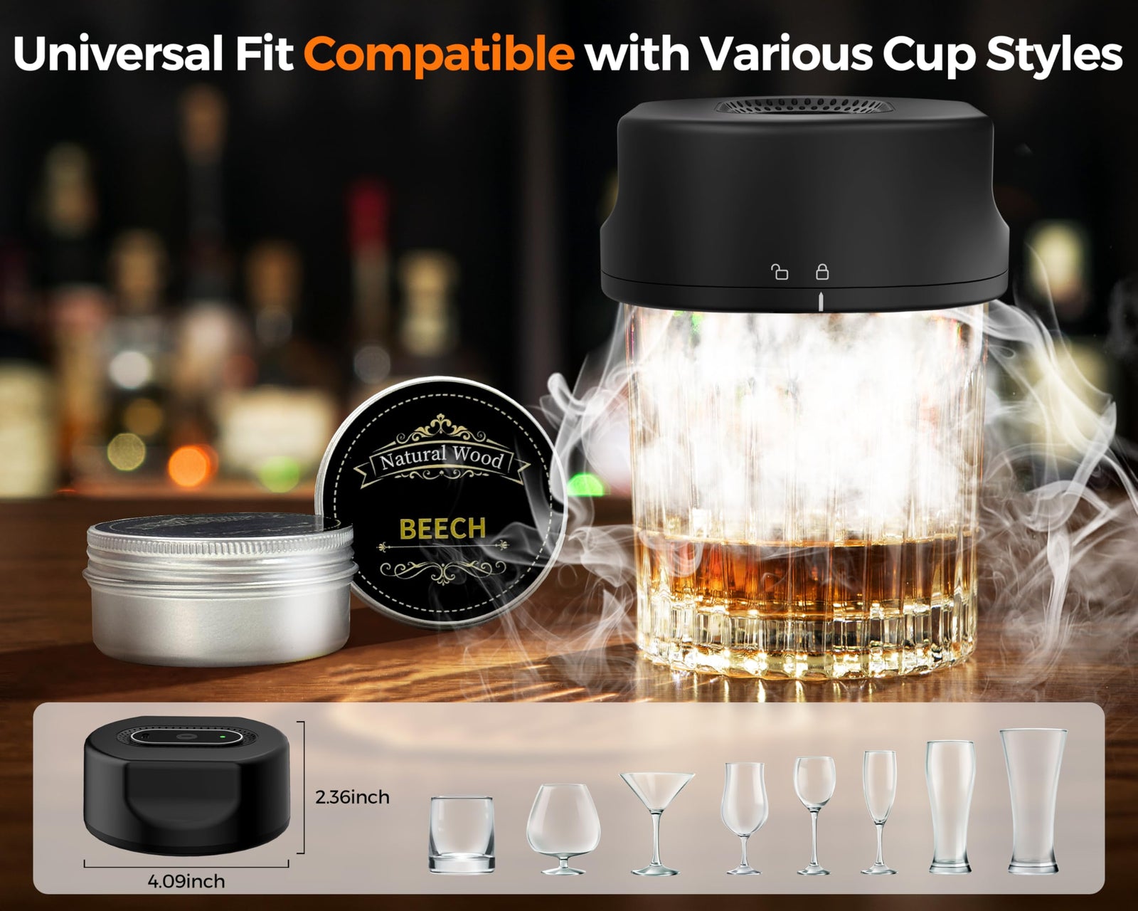 Black Smart Cocktail Smoker Kit – Electric Whiskey Smoke Generator with 6 Wood Chips, USB Rechargeable, One-Click Ignition | Perfect Gift for Men & Bar Enthusiasts