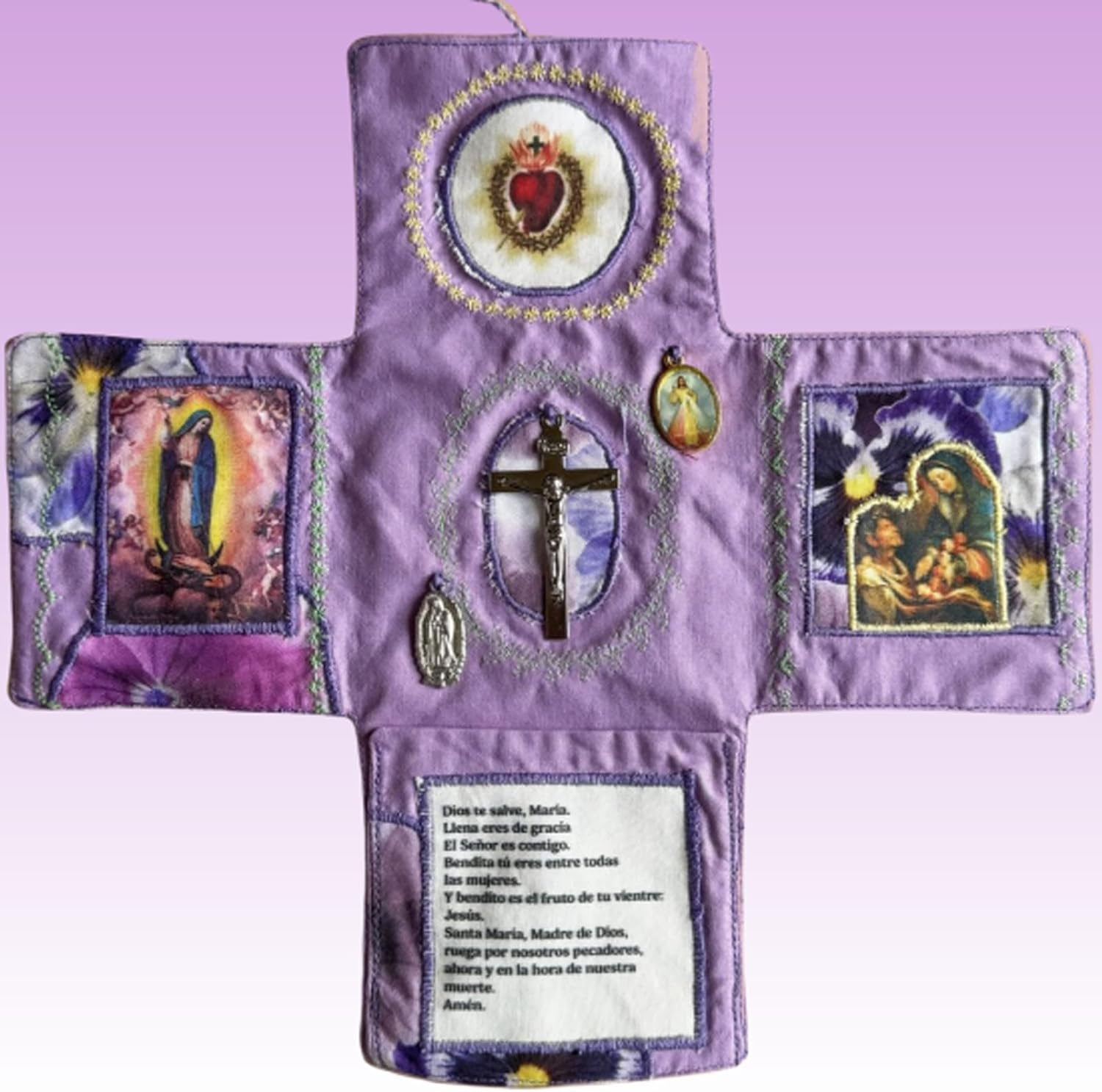 Mini Handcrafted Catholic Pocket Shrine – Foldable Prayer Altar with Silver Cross, Religious Art & Embroidered Prayers, Portable Faith Companion, 6.5 x 5.5 Inches (Pink)
