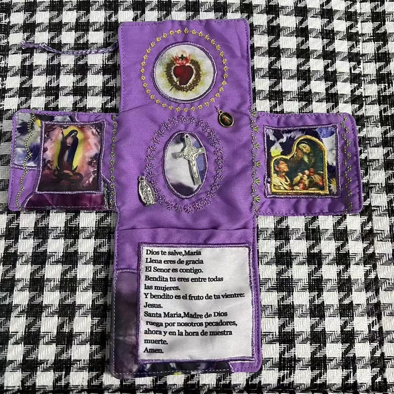 Mini Handcrafted Catholic Pocket Shrine – Foldable Prayer Altar with Silver Cross, Religious Art & Embroidered Prayers, Portable Faith Companion, 6.5 x 5.5 Inches (Red)