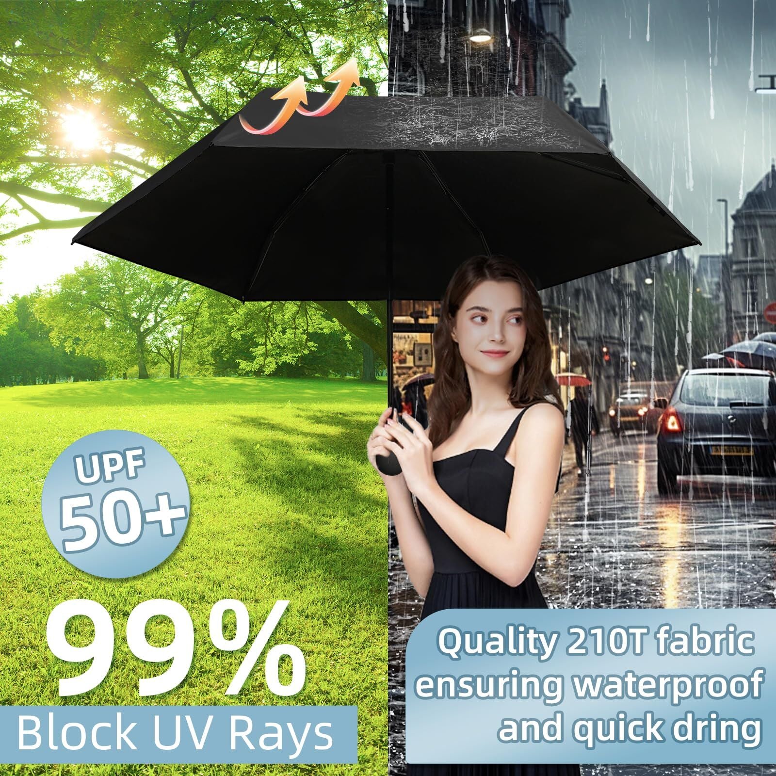 Mini Travel Umbrella – Compact Sun & Rain Protection for Women, Kids | UV-Blocking Pocket Umbrella with Case | Lightweight Foldable Umbrella(black)
