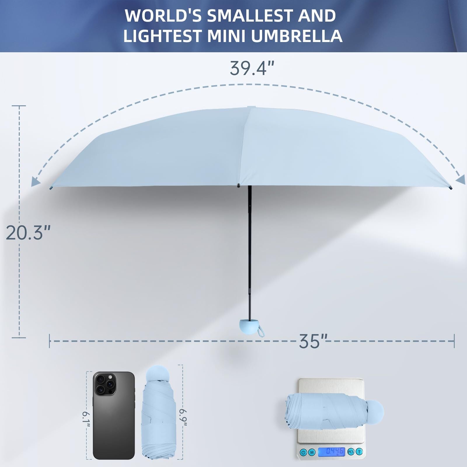 Mini Travel Umbrella – Compact Sun & Rain Protection for Women, Kids | UV-Blocking Pocket Umbrella with Case | Lightweight Foldable Umbrella(light blue)