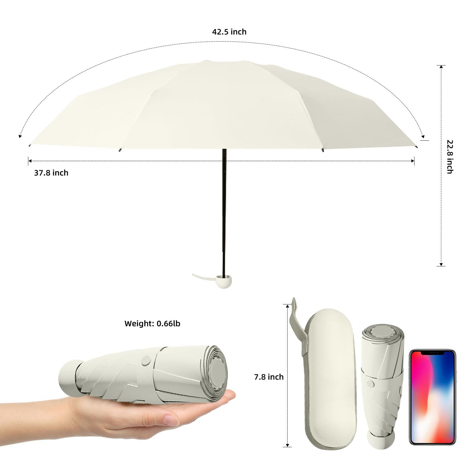 Mini Travel Umbrella – Compact Sun & Rain Protection for Women, Kids | UV-Blocking Pocket Umbrella with Case | Lightweight Foldable Umbrella(white)