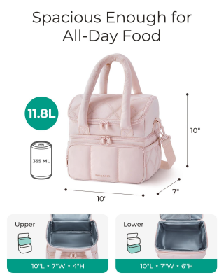 Double-Layer Insulated Lunch Bag with Quilted Design – 11.8L Cooler Tote for Work, Picnics & Travel (Black) | Other Colors Available In-Store