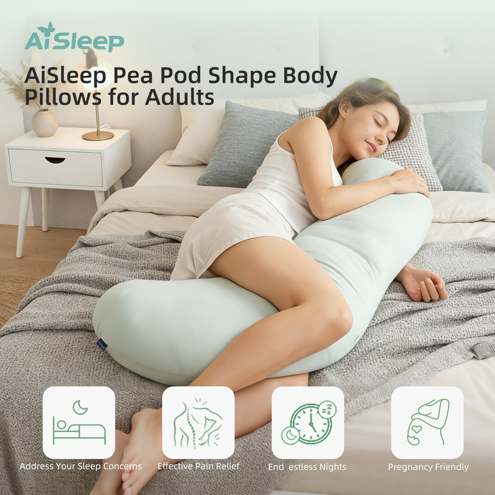 Pea Pod Shape Body Pillow for Adults – Full-Body Support Side Sleeper Pillow, Pregnancy & Back Pain Relief, Soft Hug Pillow with Memory Fiber Filling (Light Blue)