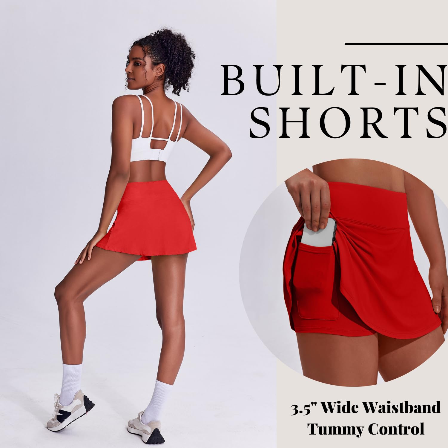 Women's Tennis Skirt with Pockets & Built-in Shorts – High-Waisted Golf Running Skort for Active Lifestyle, Sporty Fitness Wear (Red,XL)