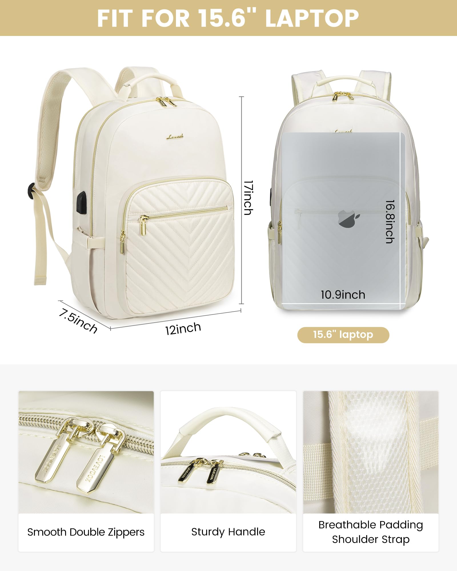 Stylish Laptop Backpack for Women – Large Capacity 27L Computer Bag with 15.6 Inch Compartment, USB Charging Port & 16 Pockets – Ideal for College, Work & Travel (White)