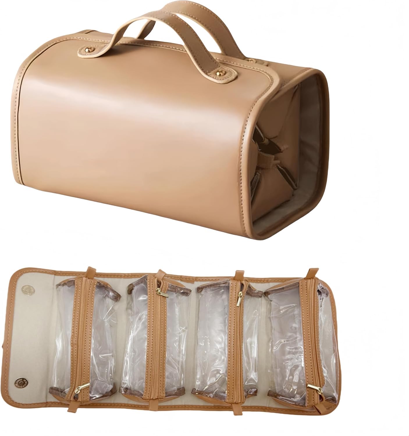 4-in-1 Expandable Makeup Bag with Removable Pockets – Waterproof Travel Cosmetic Organizer for Women, Large Capacity Vanity Case with Hanging Design (Brown)