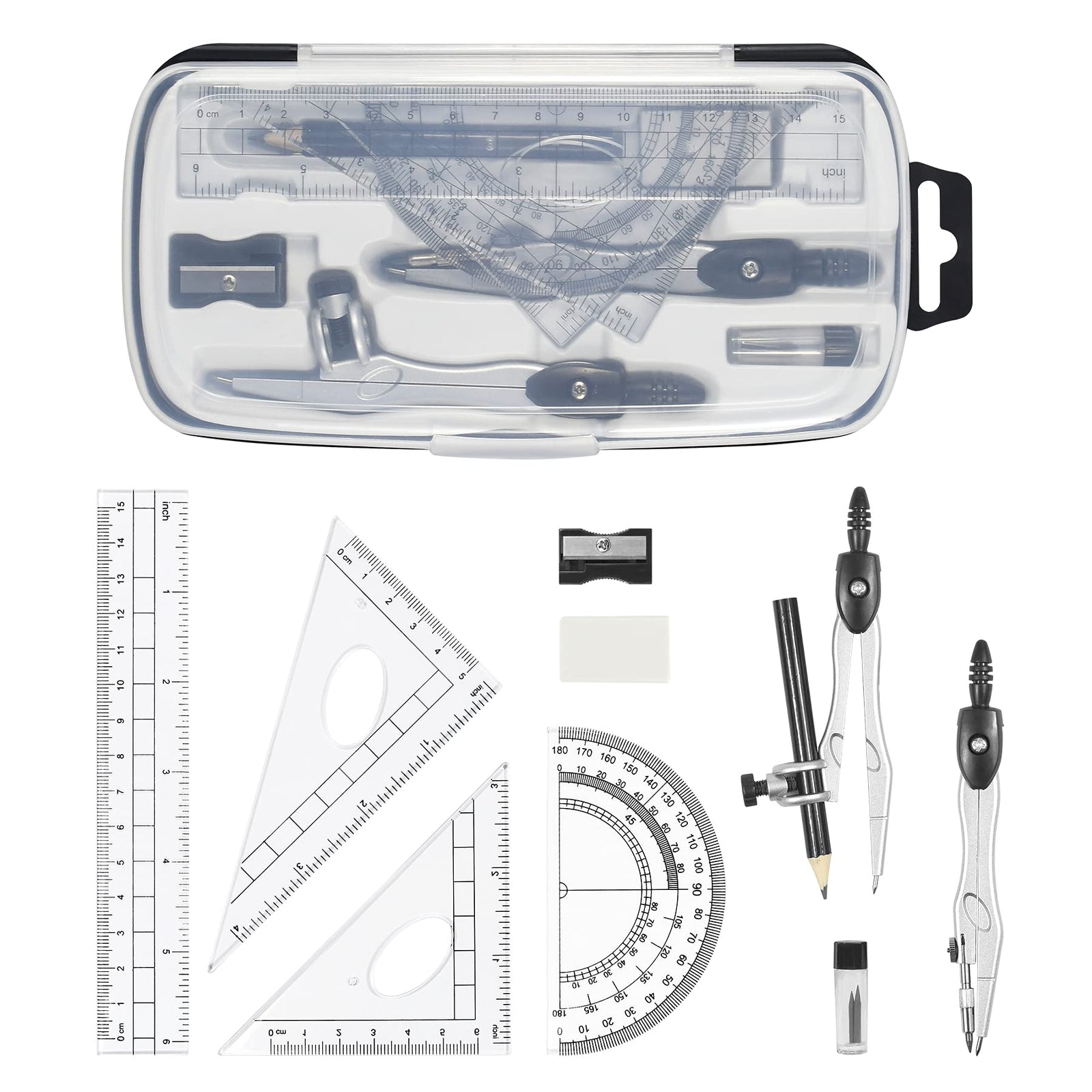 Complete 10-Piece Geometry Kit Set – Precision Drafting Tools with Metal Compasses, Rulers, Protractor & Pencil Sharpener – Ideal for Students, Engineers & Artists (Black)
