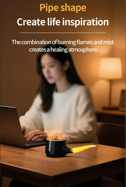 Pipe-Shaped Aromatherapy Humidifier with LED Flame & Mist – USB Desk Diffuser for Home, Office, Bedside (White) | Black Version Available In-Store
