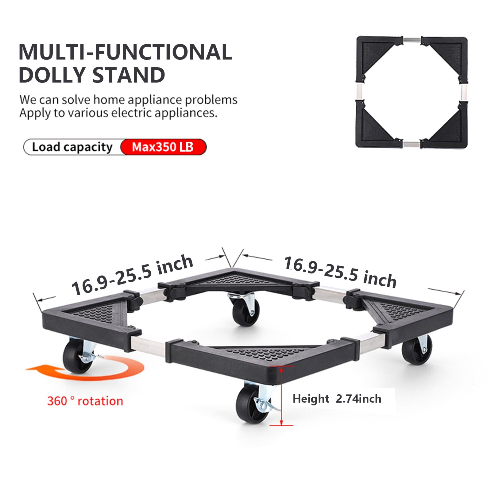 Adjustable Appliance Dolly Stand with 4 Locking Wheels – Expandable Base from 16.9 to 25.6 Inch, Heavy-Duty Furniture Moving Cart for Refrigerator, Washer, Cabinet, Air Conditioner (Black)