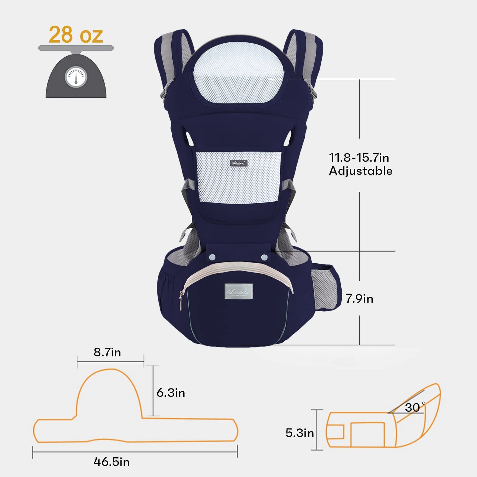 6-in-1 Adjustable Baby Carrier with Hip Seat – 11.8–15.7in Adjustable Height, Breathable Mesh & Multi-Position Carry for Newborn to 36 Months (Blue)